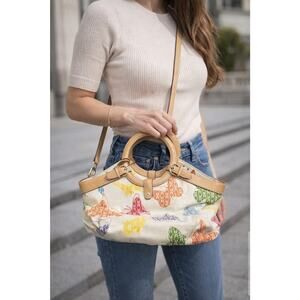 FOSSIL Floral Canvas Leather Trim Shoulder Bag Tote Handbag